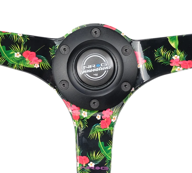 NRG Reinforced Steering Wheel (350mm / 3in. Deep) Black Suede w/ 5mm Floral 3-Spoke Center