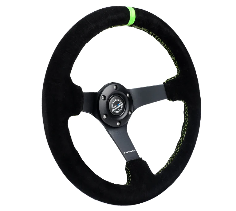 NRG Reinforced Steering Wheel 350mm/3in. Deep Blk Suede/ Neon Green Stitch w/5mm Matte Black Spoke