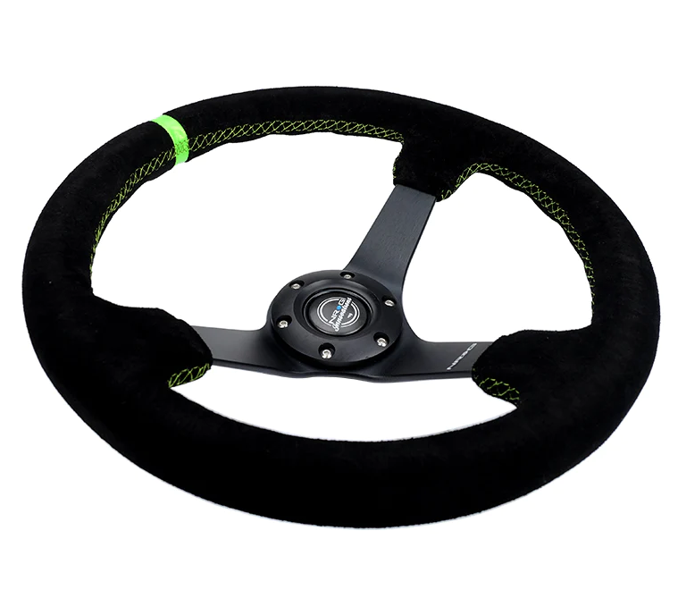 NRG Reinforced Steering Wheel 350mm/3in. Deep Blk Suede/ Neon Green Stitch w/5mm Matte Black Spoke