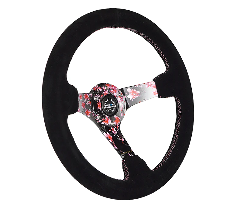 NRG Reinforced Steering Wheel (350mm) 3in Deep Pink Sakura Floral Solid Spoke - Black Suede/Stitch