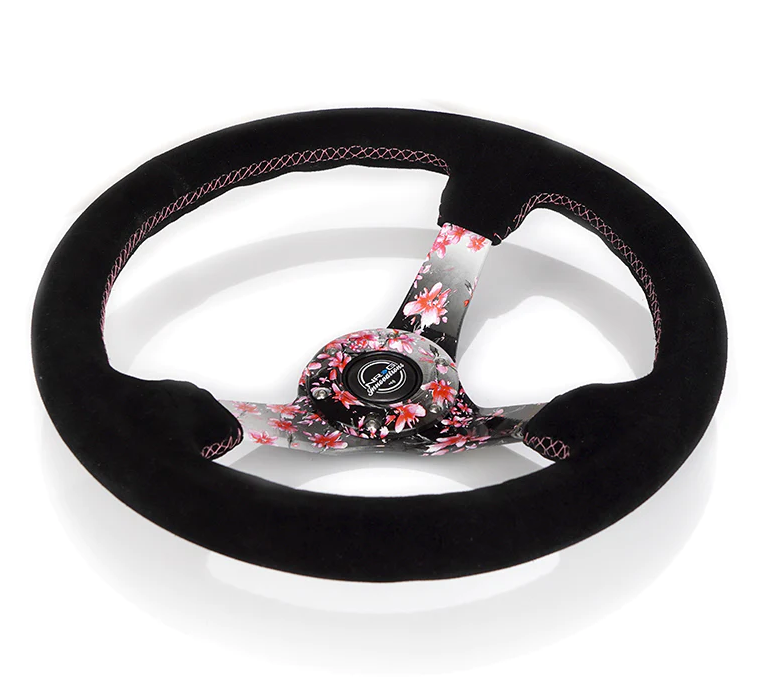 NRG Reinforced Steering Wheel (350mm) 3in Deep Pink Sakura Floral Solid Spoke - Black Suede/Stitch