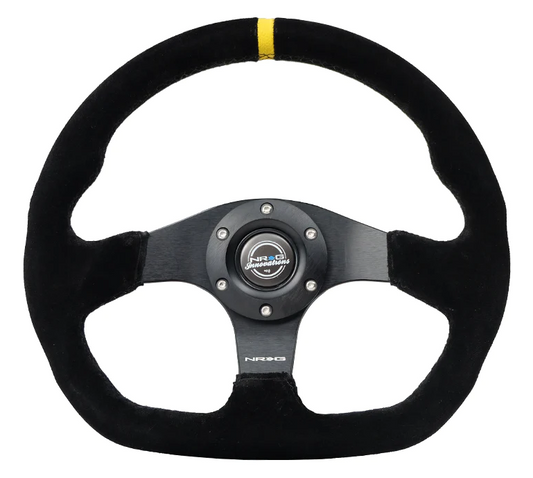 NRG Reinforced Steering Wheel (320mm) Sport Suede Flat Bottom w/ Yellow Center Mark