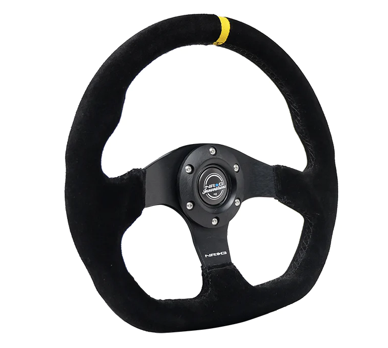 NRG Reinforced Steering Wheel (320mm) Sport Suede Flat Bottom w/ Yellow Center Mark