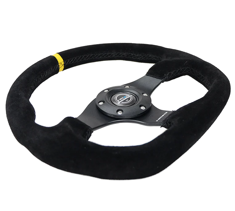 NRG Reinforced Steering Wheel (320mm) Sport Suede Flat Bottom w/ Yellow Center Mark