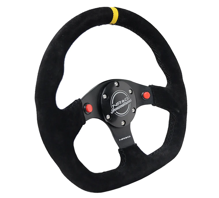 NRG Reinforced Steering Wheel (320mm) Sport Suede Dual Push Buttons Flat Bottom w/ Yellow Center