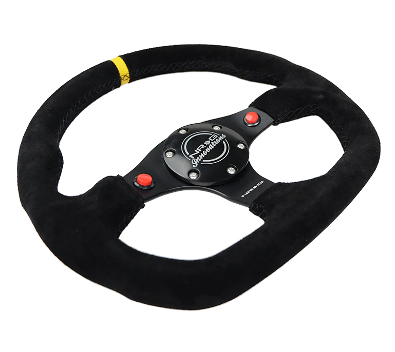 NRG Reinforced Steering Wheel (320mm) Sport Suede Dual Push Buttons Flat Bottom w/ Yellow Center