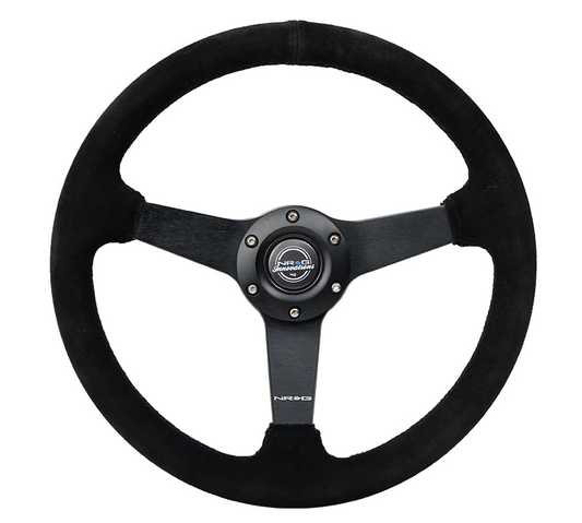 NRG Sport Steering Wheel (350mm / 1.5in Deep) Black Suede/Black Stitch w/Matte Black Solid Spokes