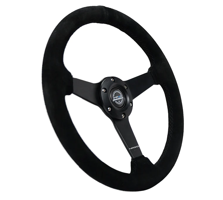 NRG Sport Steering Wheel (350mm / 1.5in Deep) Black Suede/Black Stitch w/Matte Black Solid Spokes