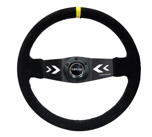 NRG Reinforced Steering Wheel (350mm / 3in. Deep) Blk Suede w/NRG Arrow Cut 2-Spoke & Yellow Mark