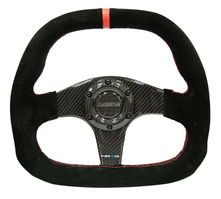 NRG Carbon Fiber Steering Wheel (320mm) Flat Btm. Blk Suede/Red Stitch w/CF Spokes & Red Center Mark