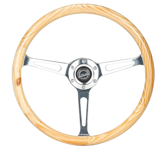 NRG Reinforced Steering Wheel (380mm) Light Wood Grain w/3-Spoke Center Shinny Chrome