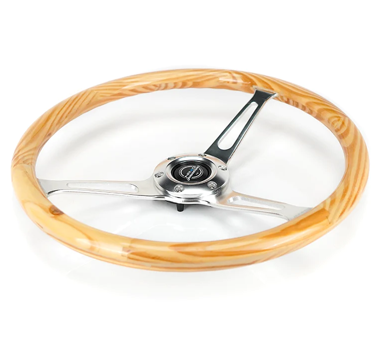 NRG Reinforced Steering Wheel (380mm) Light Wood Grain w/3-Spoke Center Shinny Chrome